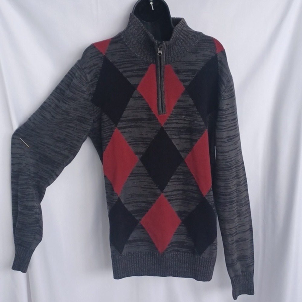 Carbon Men’s Red Gray Black Argyle L Sweater, 22" PTP, 28" L